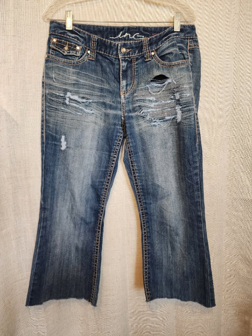 INC Denim Distressed Crop Flare Jeans Thick Stitch Flap Pockets Y2K
